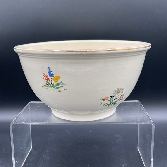 RARE Vintage Kitchen Kraft by HLC Doll\'s House Pattern Mixing Bowl with Gold Rim
